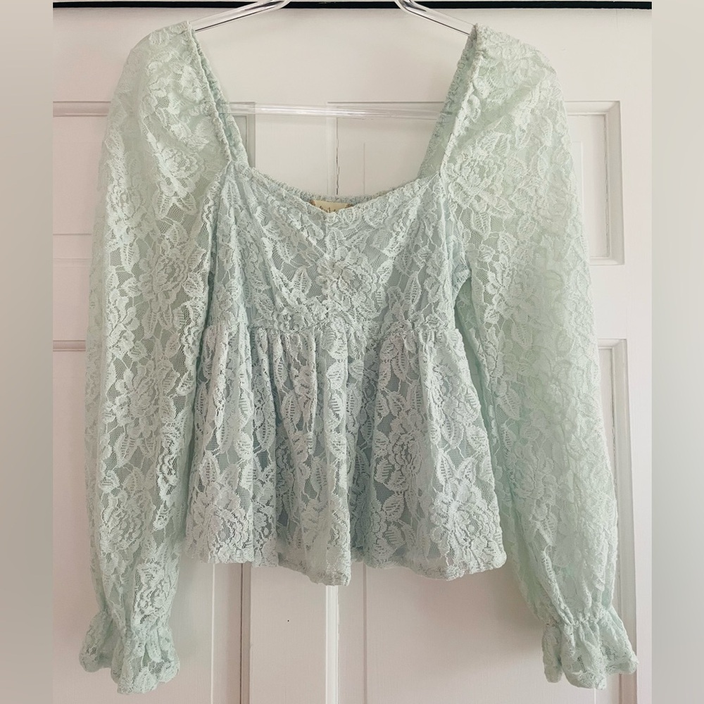 Altar’d State: lace light teal blue top